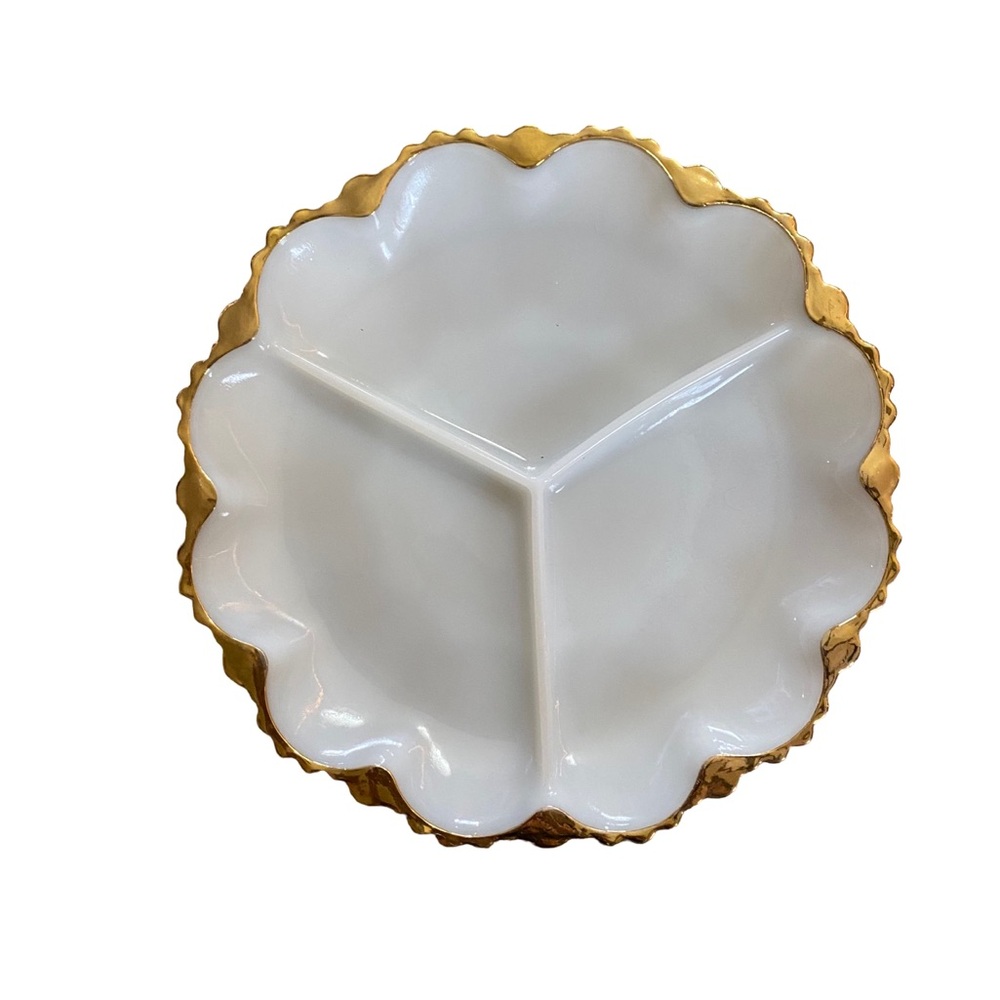 Vintage Anchor Hocking Milk Glass 10” Divided Relish Dish Gold Trim